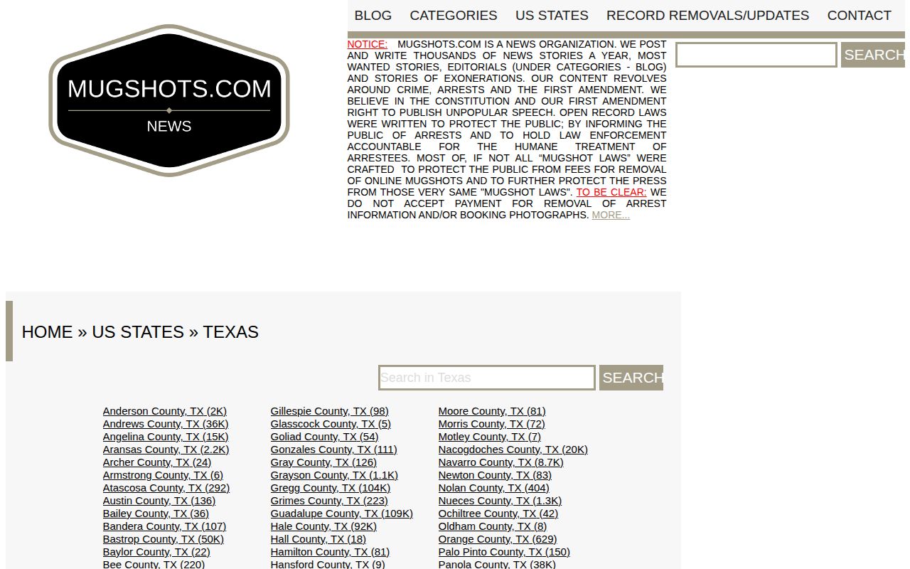 Blanco County mugshot record third-party Texas index screenshot