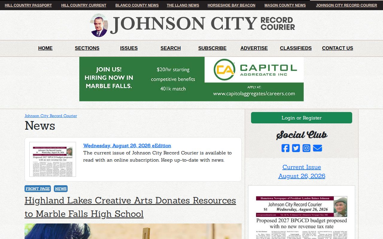 Blanco County arrest reporting Johnson City Record Courier screenshot