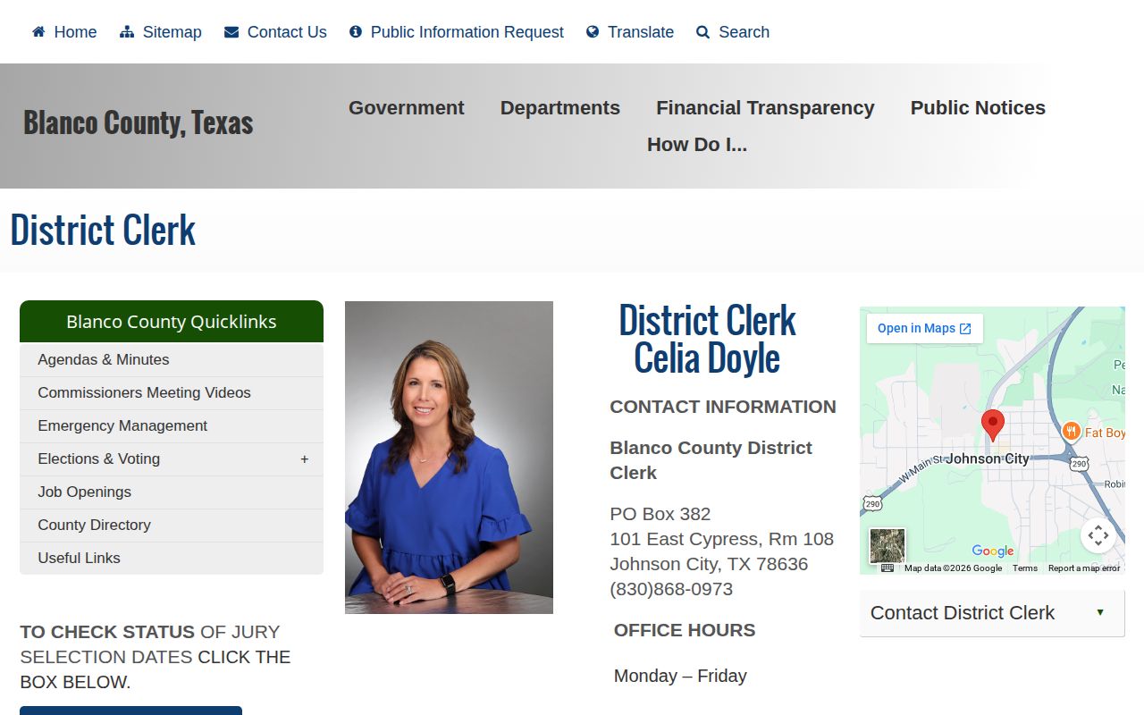 Blanco County booking record court disposition source through District Clerk