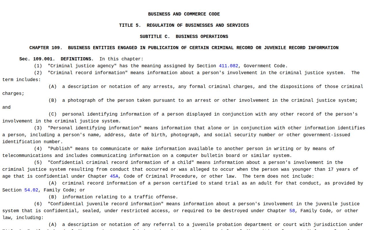Blanco County booking record law reference from Texas Chapter 109