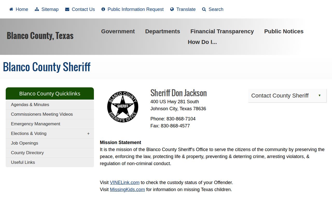 Blanco County warrant verification sheriff records screenshot
